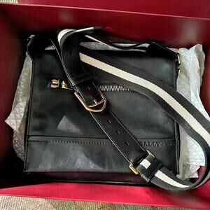 original box leather Bally unisex messenger bag with stripe strap